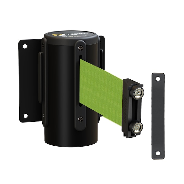 Montour Line Retr. Belt Barrier Fxd Black Metal Wall Mt 8.5' Olive Belt - WM115-BK-OL-F-M-85