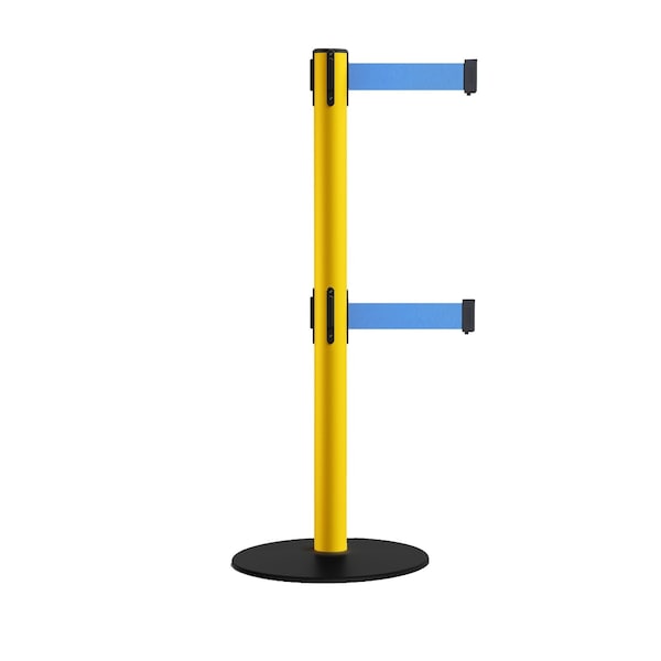 Montour Line Retractable Dbl Belt 2.5" YW Post , Low Base, 9' Lt Blu Belt - S400D-YW-LBL-90