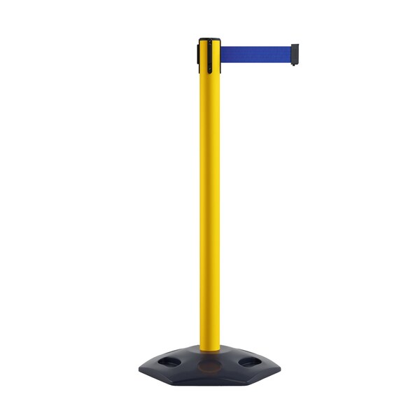Montour Line Stanchion Belt Barrier Rubber Base Yellow Post 9ft.Dk Blu Belt - P400RB-YW-DBL-90