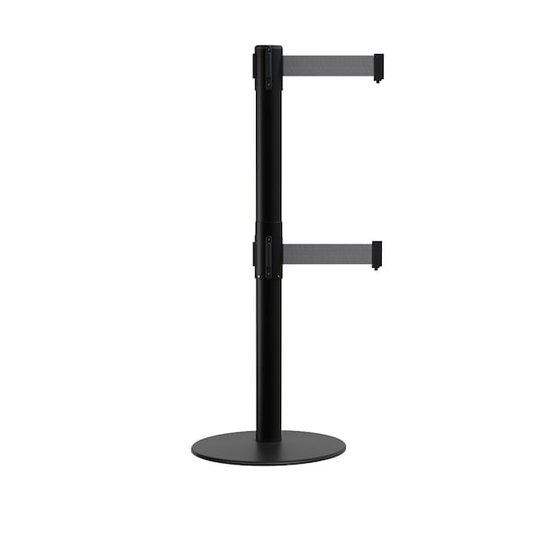 Montour Line Stanchion Dual Belt Barrier Flat Base Black Post 7.5ftDk Gray Belt - S400D-BK-DGY-75