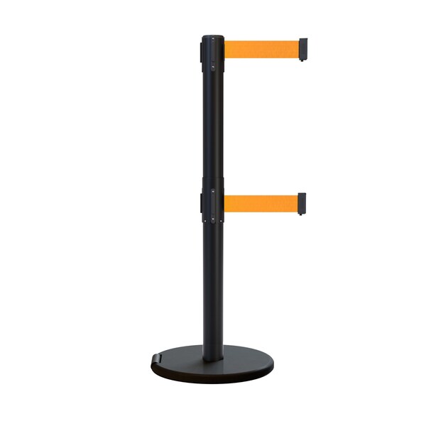 Montour Line Retractable Double Belt Rolling Stanchion, Fluorescent Orange, 7.5 ft Length, 2.5 ft Post Height - P400DRL-BK-FOR-75