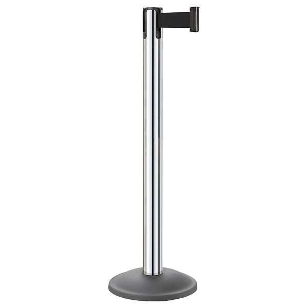 Lavi Industries Barrier Post with Belt, Gray, 10 ft Length, 38 1/2 in Post Height, No Legend, Polished chrome - 26-20400CL/BK/KIT