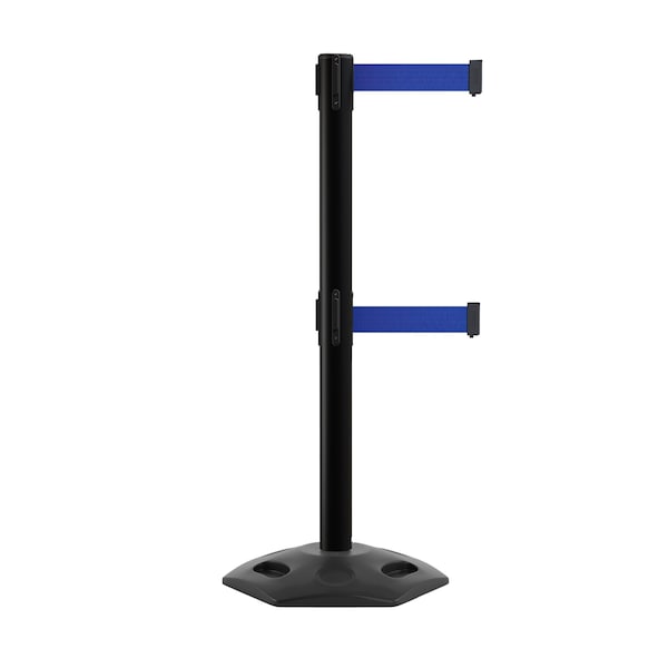 Montour Line Stanchion Dual Belt Barr. Rubber Base Black Post 7.5ftDk Blu Belt - P400DRB-BK-DBL-75