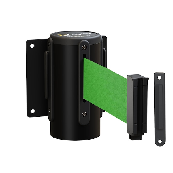 Montour Line Retr. Belt Barrier Wall Mnt Black Case Fxd, 8.5' Green Belt - MWM100-BK-GN-F-S-85