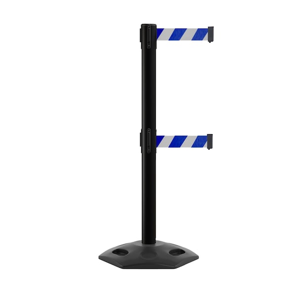 Montour Line Stanchion Dual Belt Barr. Rubber Base Black Post 7.5ftBlu/Wh Belt - P400DHDRB-BK-BWD-75