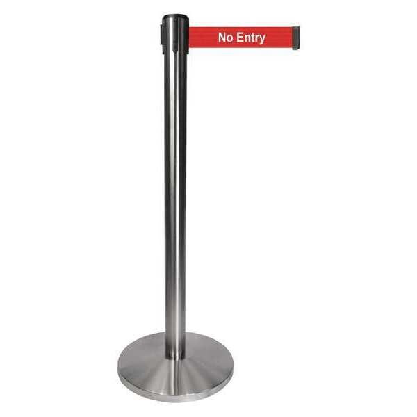 Queueway Barrier Post with Belt, Gray, 10 ft Length, 40 in Post Height, No Entry, Satin Chrome - QPLUS-1S-RB