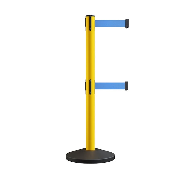 Montour Line Retractable Dbl Belt Rolling Stanchion, 2.5in YW Post  9' Lt Blu Belt - ES400D-YW-LBL-90