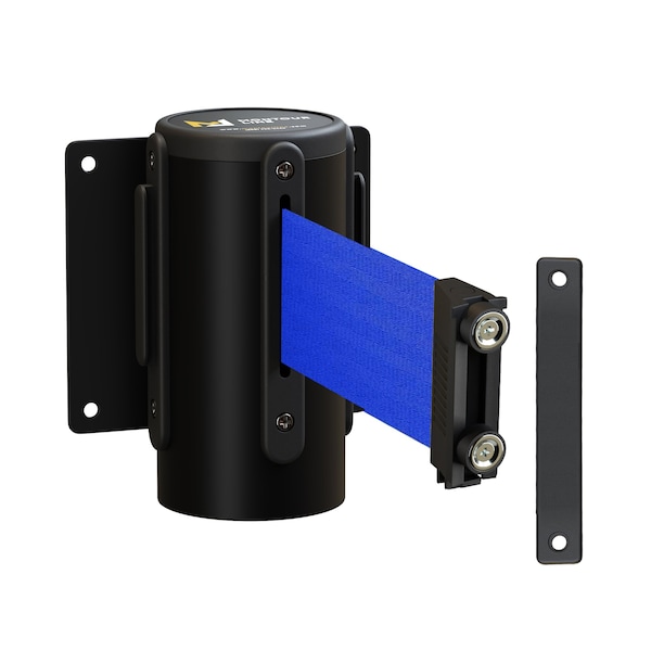Montour Line Retractable Belt Barrier Fixed Black Metal Wall Mt, 11ft Blue Belt (M) - MWM100-BK-BL-F-M-110