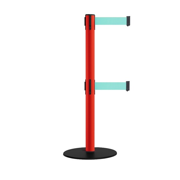 Montour Line Retractable Dbl Belt 2.5" Red Post , Low Base, 7.5'Lt Grn Belt - S400D-RD-LGN-75