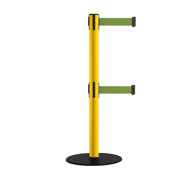 Montour Line Retractable Dbl Belt 2.5" YW Post , Low Base, 7.5'Olive Belt - S400D-YW-OL-75