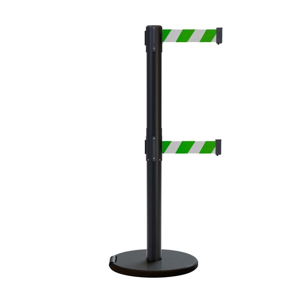 Montour Line Retractable Double Belt Rolling Stanchion, Green/White, 9 ft Length, 2.5 ft Post Height - P400DRL-BK-GWD-90