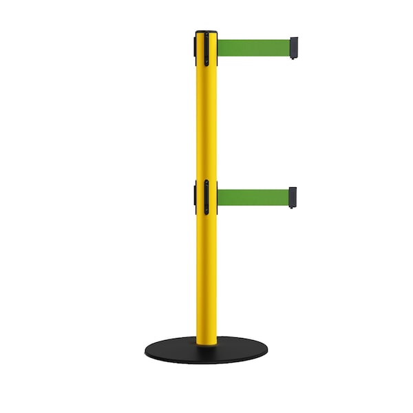 Montour Line Retractable Dbl Belt 2.5" YW Post , Low Base, 7.5'Green Belt - S400D-YW-GN-75