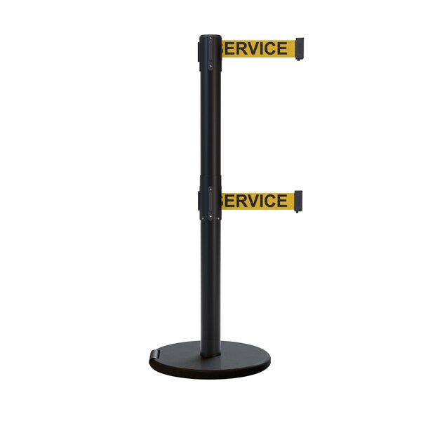 Montour Line Retractable Double Belt Rolling Stanchion, Yellow, 7.5 ft Length, 2.5 ft Post Height - P400DRL-BK-OUTOFYB-75