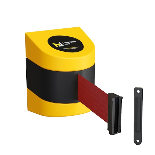 Montour Line Retractable Belt Barrier YW Fixed Wall Mount 15' Maroon Belt (F) - PWM200-YW-MN-F-S-150
