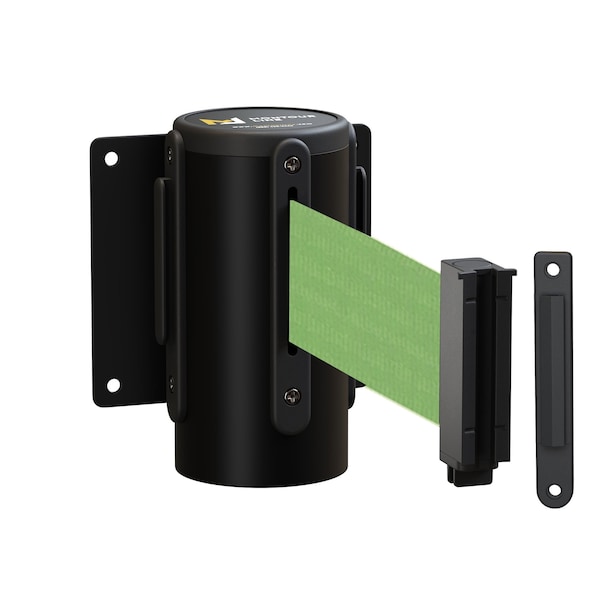 Montour Line Retr. Belt Barrier Removable Black Metal Wall Mt 8.5ft Lt Grn Belt (M) - WM115-BK-LGN-RM-M-85