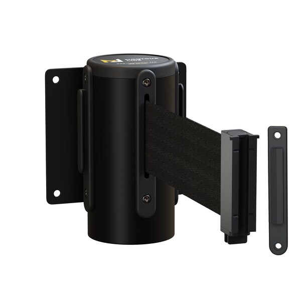 Montour Line Retractable Belt Barrier, Wall Mount, Black Case Fixed 11 ft. Black Belt - MWM100-BK-BK-F-S-110