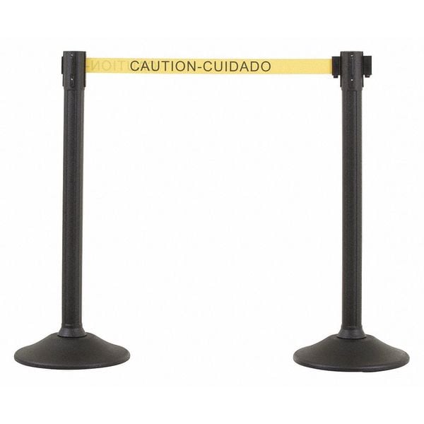 Us Weight Barrier Post with Belt, Black, 77 in Length, 38 1/2 in Post Height, Caution, Unfinished - U2000CAU