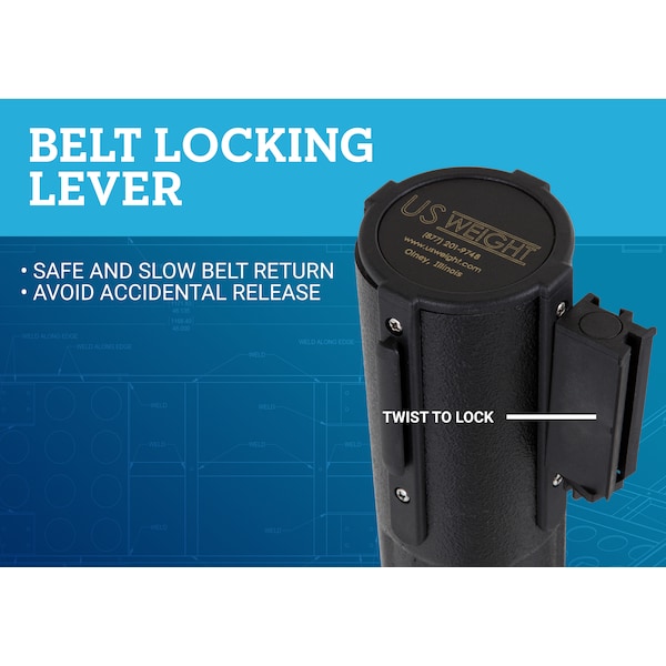 Us Weight Barrier Post with Belt, Black, 77 in Length, 38 1/2 in Post Height, Caution, Unfinished - U2000CAU