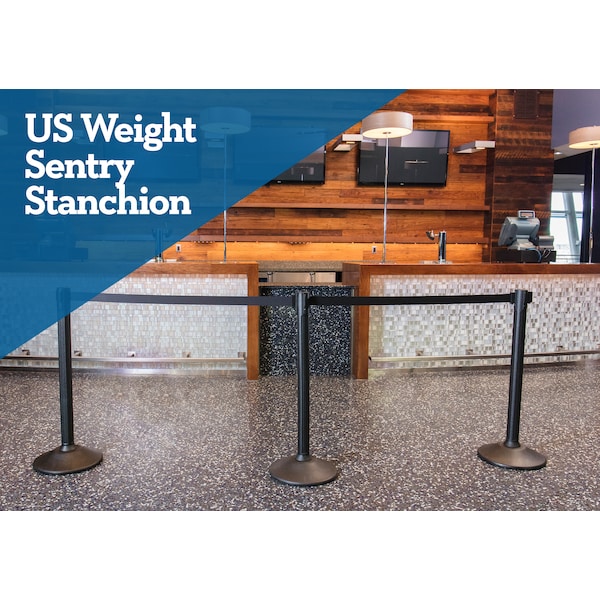 Us Weight Barrier Post with Belt, Black, 77 in Length, 38 1/2 in Post Height, Caution, Unfinished - U2000CAU
