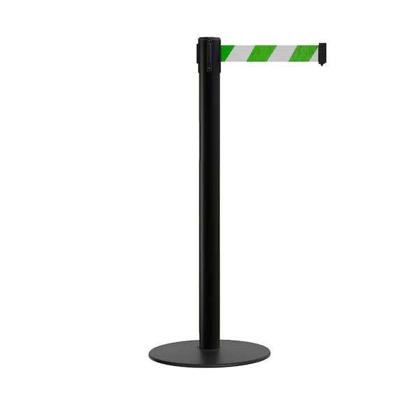 Montour Line Stanchion Belt Barrier Flat Base Black Post 11 ft. Green/White Belt - S400-BK-GWD-110