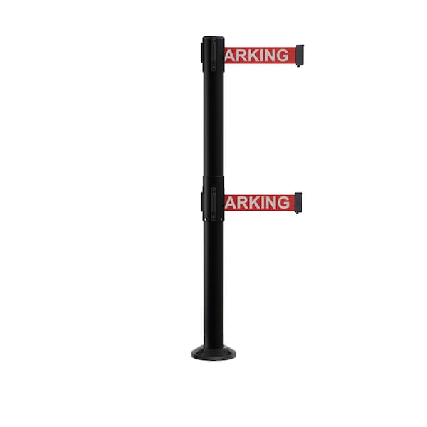 Montour Line Stanchion Dual Belt Barrier Fixed Base Black Post 9ft.NoPa.Belt - P400DF-BK-NOPARRW-90