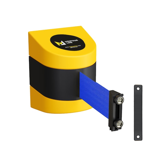 Montour Line Retractable Belt Barrier YW Magnetic Wall Mount 25' Blue Belt (M) - PWM300-YW-BL-M-M-250