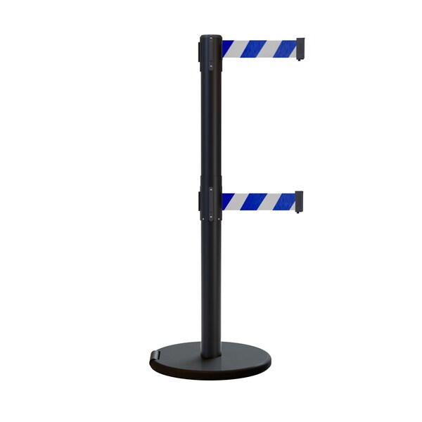 Montour Line Retractable Double Belt Rolling Stanchion, Blue/White, 11 ft Length, 2.5 ft Post Height - P400DRL-BK-BWD-110