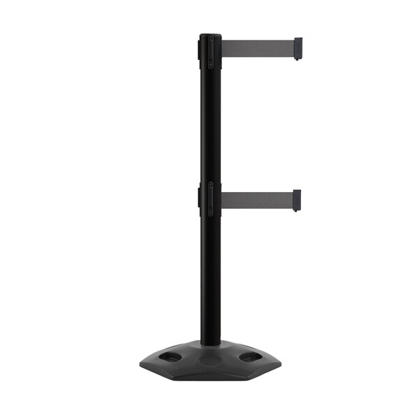 Montour Line Stanchion Dual Belt Barr. Rubber Base Black Post 7.5ftDk Gry Belt - P400DRB-BK-DGY-75