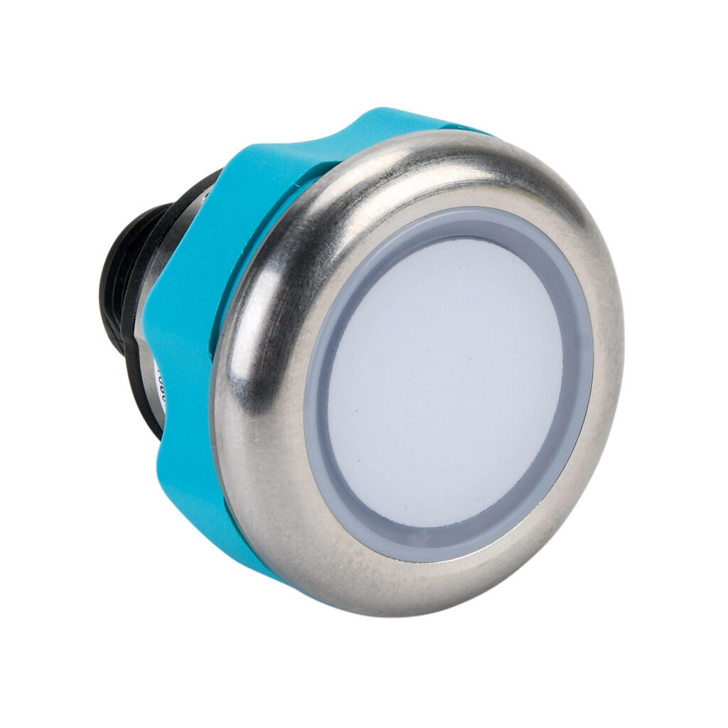 Serie Captron Caneo10 Interruptor Sensor de Botón Capacitivo de Acero Inoxidable, IP69K, 22mm, estático, bisel de acero inoxidable, control LED semiautomático, Operador: blanco, 30mm. Requiere cable hembra M12 de 4 pines.