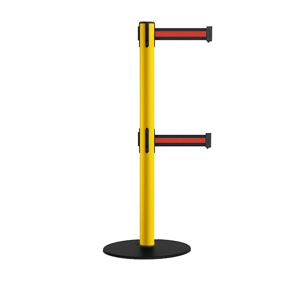 Montour Line Retractable Dbl Belt 2.5" YW Post , Low Base, 11' Bk/R H Belt - S400D-YW-BRH-110