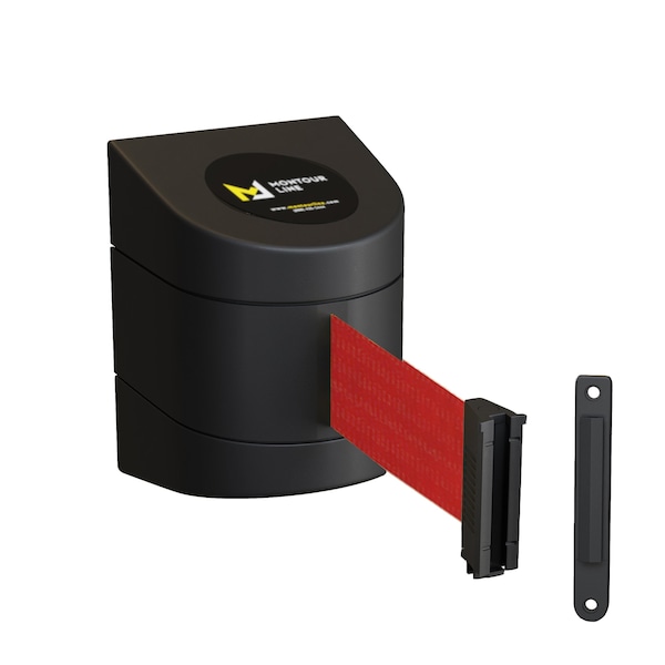 Montour Line Retractable Belt Barrier Black Fixed Wall Mount 11ft. Red Belt (F) - PWM200-BK-RD-F-S-110