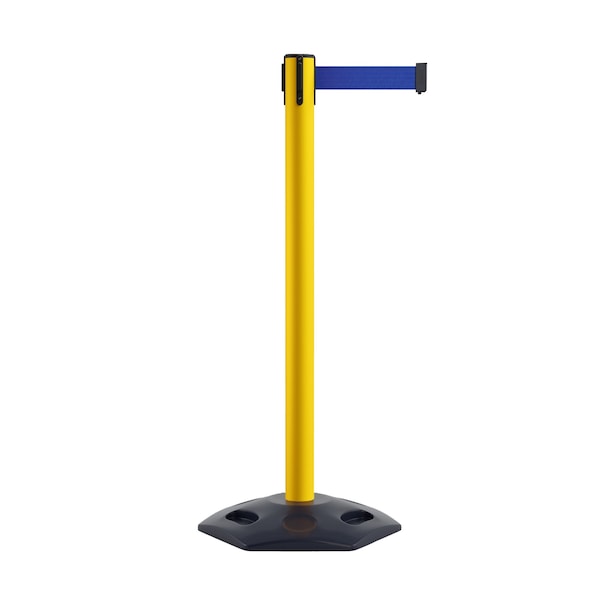 Montour Line Stanchion Belt Barrier Rubber Base Yellow Post 11ft.Dk Blu Belt - P400RB-YW-DBL-110