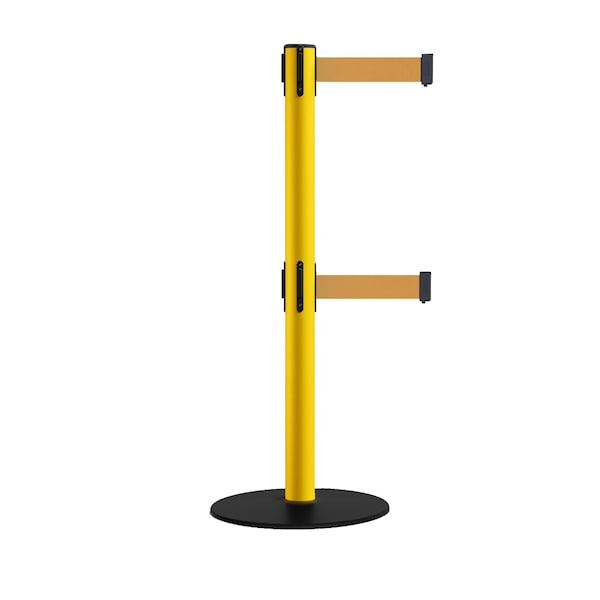 Montour Line Stanchion Dbl Belt Barrier Yellow Post Low Base 13ft. Brown Belt - S400D-YW-BN-130