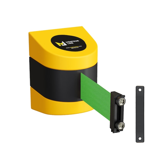 Montour Line Retractable Belt Barrier YW Magnetic Wall Mount 30' Green Belt (M) - PWM300-YW-GN-M-M-300