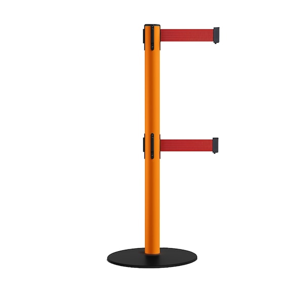 Montour Line Retractable Dbl Belt 2.5" Orange Post , Low Base, 9' Red Belt - S400D-OR-RD-90
