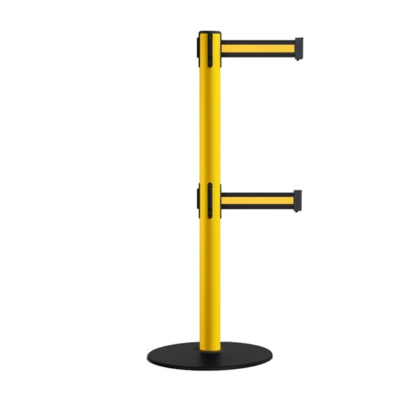 Montour Line Retractable Dbl Belt 2.5" YW Post , Low Base, 11' Bk/Y H Belt - S400D-YW-BYH-110