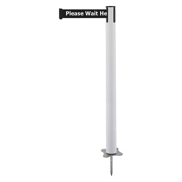 Tensabarrier Barrier Post with Belt, White, 7 1/2 ft Length, 43 in Post Height, Please Wait Here, Unfinished - 884-32-STD-BCX-C