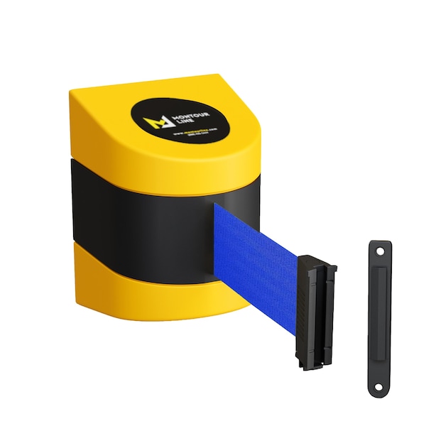Montour Line Retractable Belt Barrier YW Fixed Wall Mount 25' Blue Belt (F) - PWM300-YW-BL-F-S-250