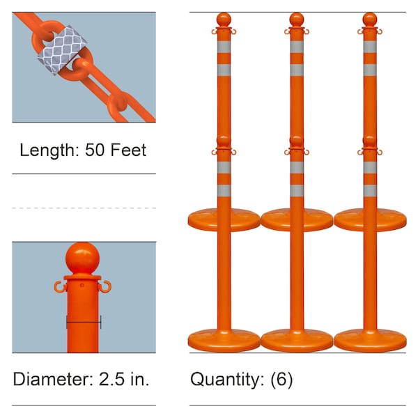 Mr. Chain Safety Orange Reflective Medium Duty Stanchions and Reflective Chain - 72178-6