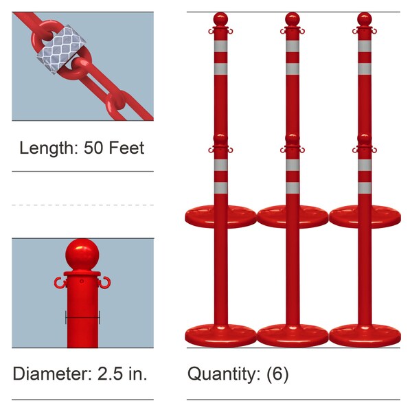 Mr. Chain Red Reflective Medium Duty Stanchions and Reflective Chain - 72151-6