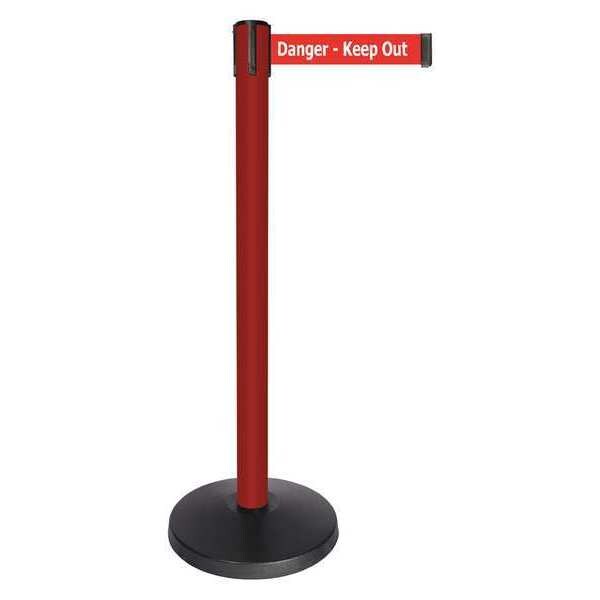 Queueway Barrier Post with Belt, Red, 10 ft Length, 40 in Post Height, Danger Keep Out, Powder Coated - QPLUS-21-RH