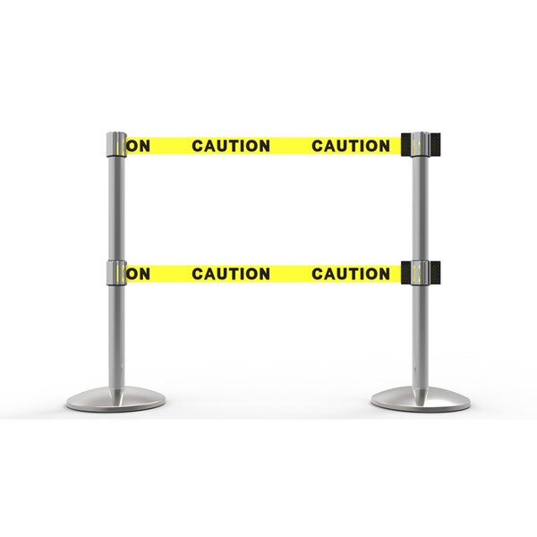 Banner Stakes Retractable Belt Barrier, Yellow, 7 ft Length, Polished Chrome - AL6201C-D