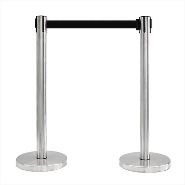 Captain Cold 12 in. Flat Base Satin Stainless Post Retractable Belt Stanchion - 6.5 ft. Black belt - CA2179739