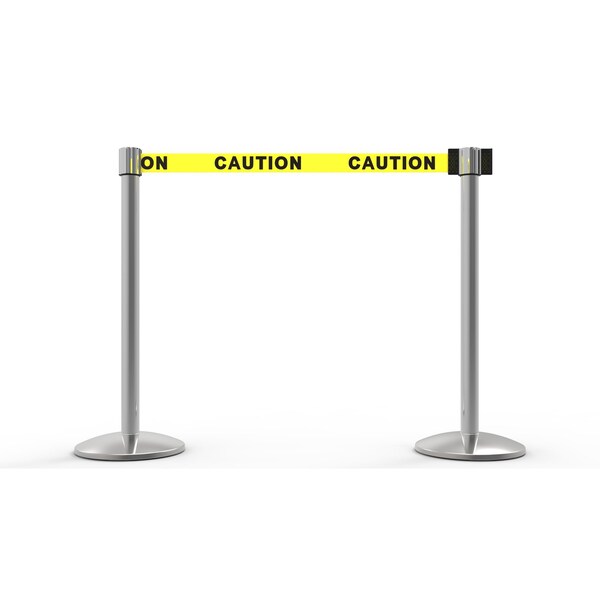 Banner Stakes Retractable Belt Barrier, Yellow, 7 ft Length, Polished Chrome - AL6201C