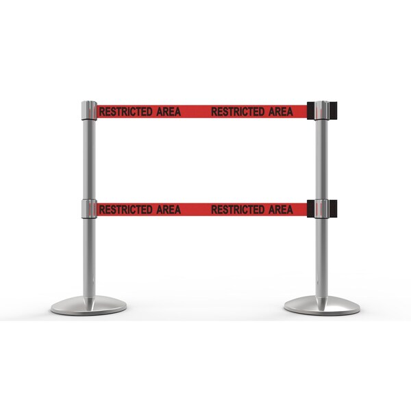 Banner Stakes Retractable Belt Barrier, Red, 7 ft Length, Polished Chrome - AL6205C-D