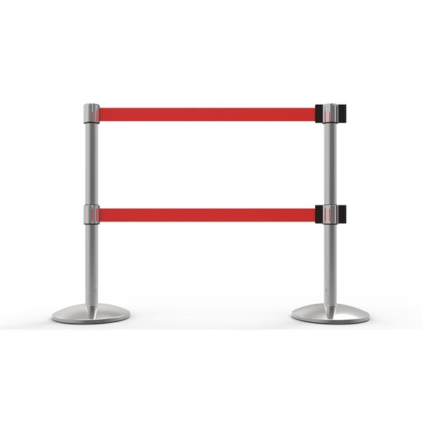 Banner Stakes Retractable Belt Barrier, Red, 7 ft Length, Polished Chrome - AL6207C-D