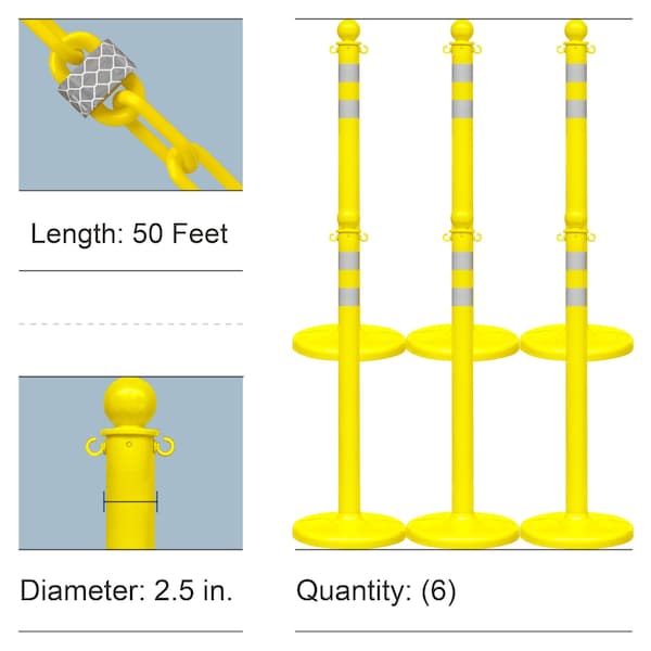 Mr. Chain Yellow Reflective Medium Duty Stanchions and Reflective Chain - 72149-6