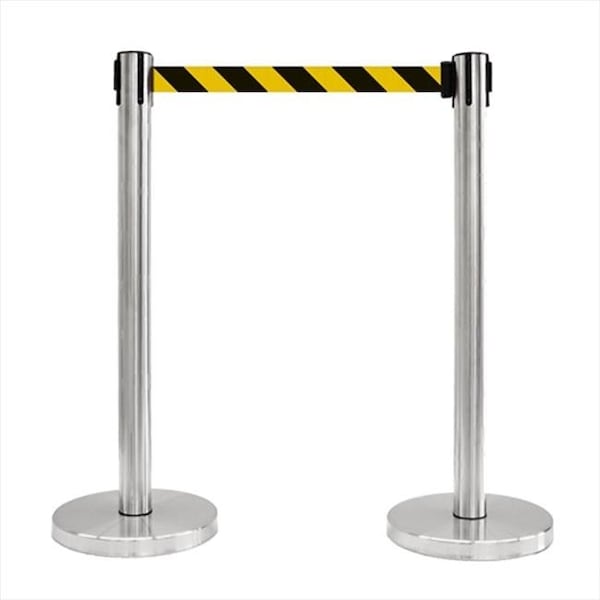 Vic Crowd Control Inc VIP Crowd Control 1017 12 in. Flat Base Satin Stainless Post Retractable Belt Stanchion - 6.5 ft. Safety Stripe belt - 1017