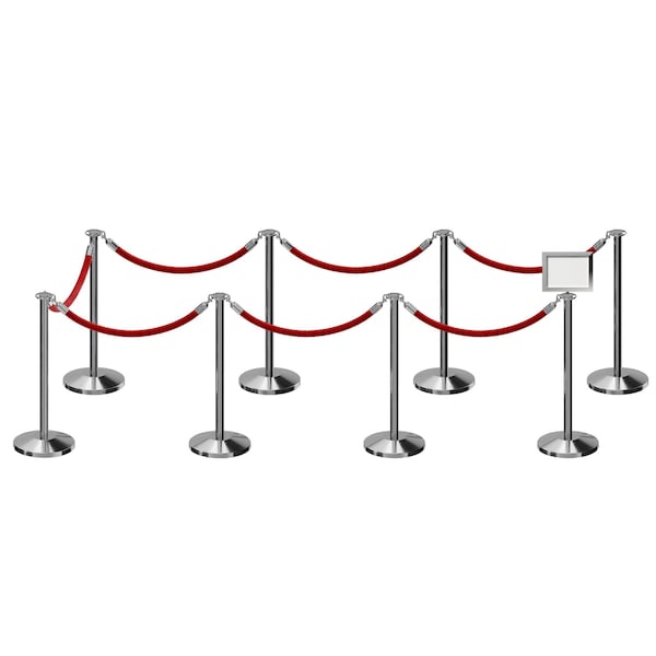 Montour Line Stanchion Post and Rope Kit Pol.Steel, 8FlatTop 7RedRope 8.5x11H Sign - C-KIT-7-PS-FL-1-TAPPED-1-8511-H-7-ER-RD-PS
