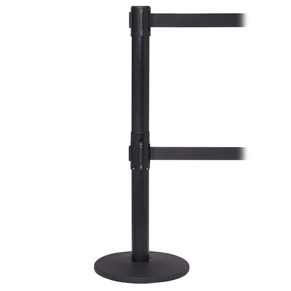 Queue Solutions Retractable Dual Belt Stanchion, Yellow/Black, 11 ft Length, Black - PROTWIN250B-YBC110